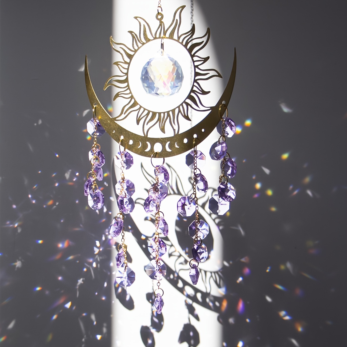 Crystal Suncatcher: Moon & Sun with Rainbow Prism Beads, Window Hanging ...