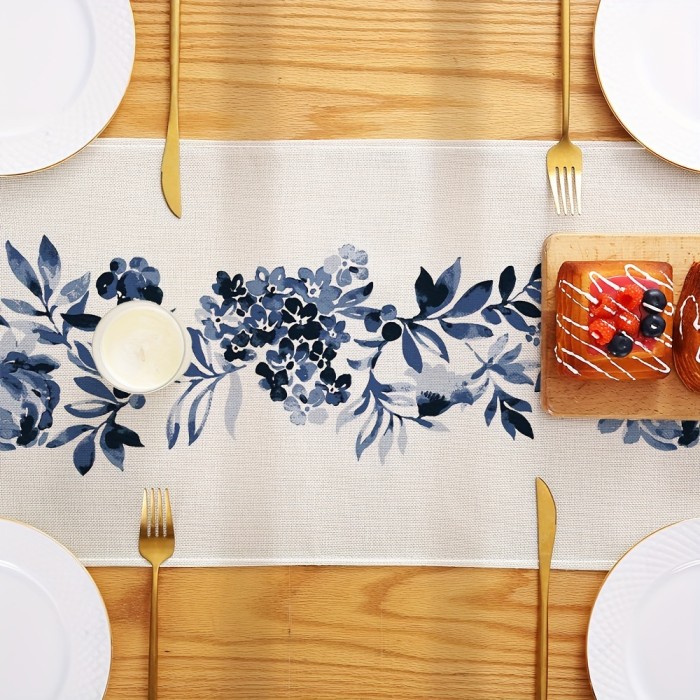 1pc, Boho Table Runner, Blue Flowers Table Runner, Kitchen Dining Table Decoration For Indoor Outdoor Home Party Decor
