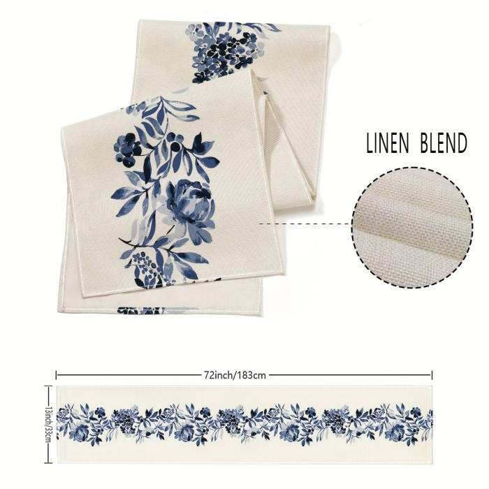 1pc, Boho Table Runner, Blue Flowers Table Runner, Kitchen Dining Table Decoration For Indoor Outdoor Home Party Decor