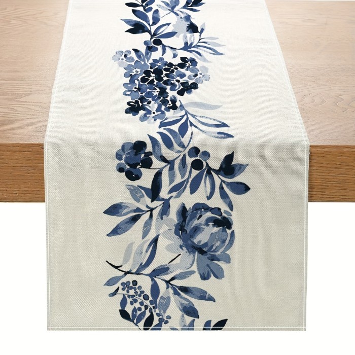 1pc, Boho Table Runner, Blue Flowers Table Runner, Kitchen Dining Table Decoration For Indoor Outdoor Home Party Decor