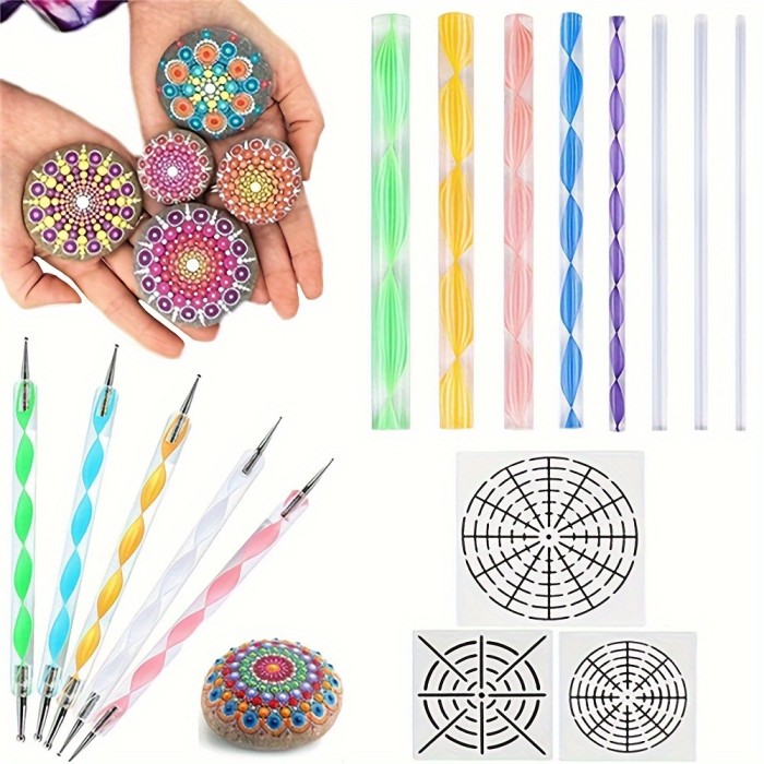 16PCS Mandala Dotting Tools Set for Painting Rocks, Mandala Art & Ceramic Pottery Craft - Includes Dotting Tools, Acrylic Rods, Stencils & Paint Tray - Durable Plastic, Uncharged Power Mode