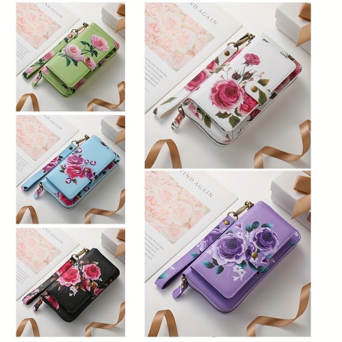 Flower Pattern PU Leather Zipper Handbag Fashion Large Capacity Long Wallet Clutch Bag Phone Bag Multi-card Card Holder Coin Purse Wallet
