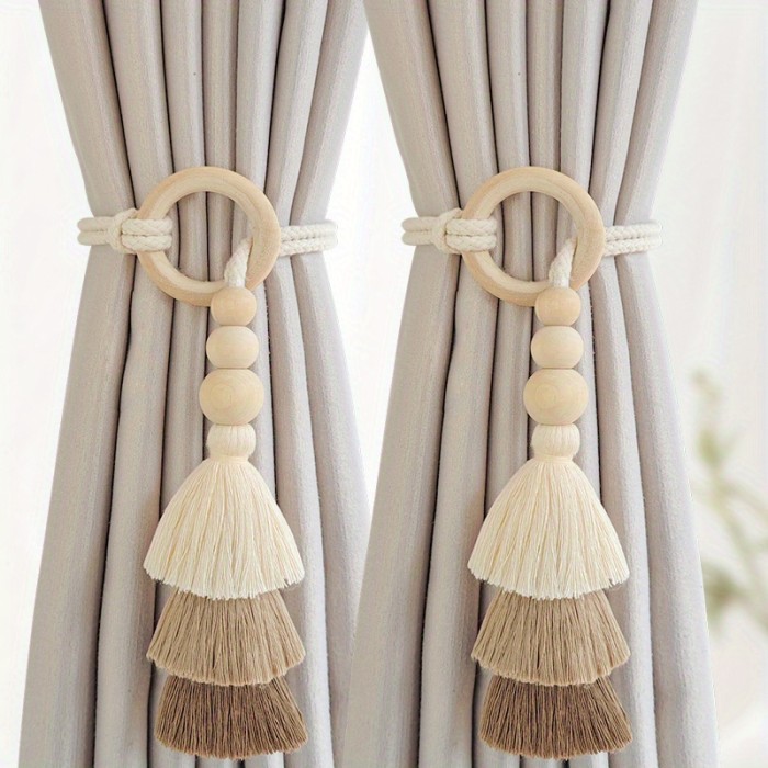 2pcs Bohemian Style Handmade Tassel Curtain Tiebacks with Wooden Beads - Polyester Boho Window Drape Holdbacks for Home Decoration