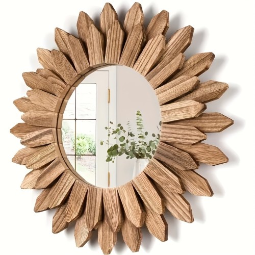 1pc Bohemian Sunflower Style Mirror, Wall Mounted Mirror, Wooden Decorative Mirror, Entrance Bedroom Living Room Wall Mirror, Home Decor