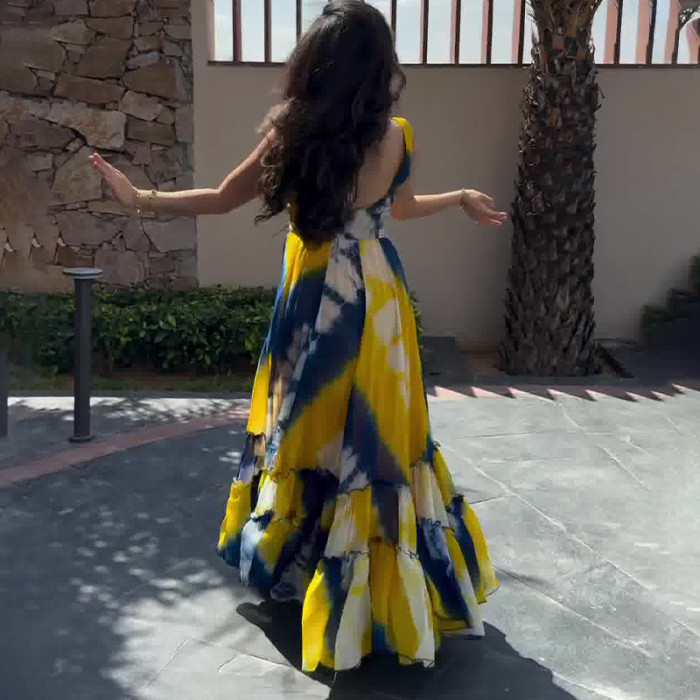 Fashion Party Square Neck Sleeveless Floral Elegant High Waist Dress