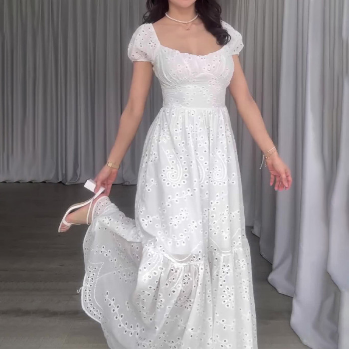 Fashion French Square Neck Hollow Solid Color Temperament Puff Sleeve High Waist Dress