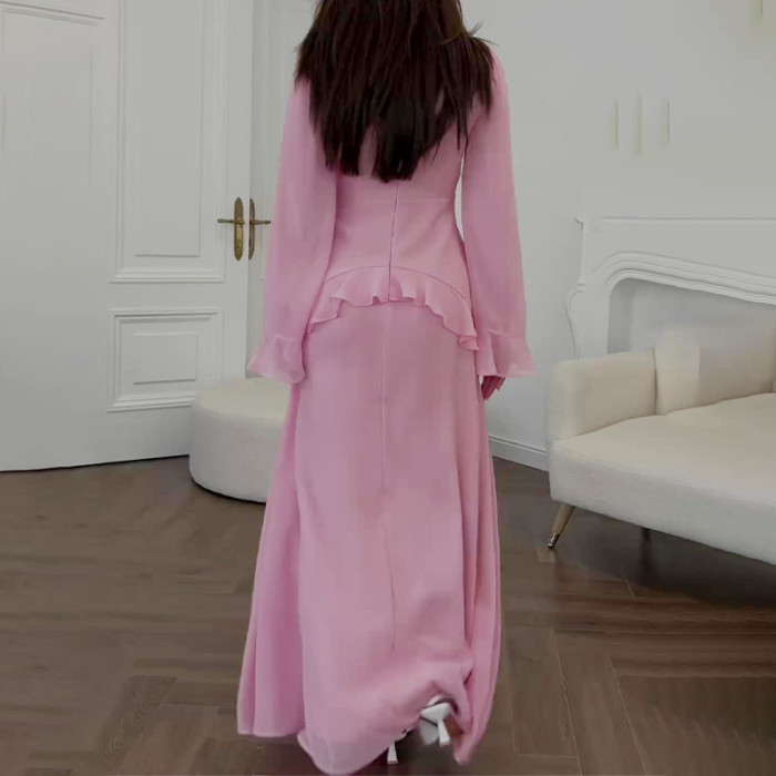 Fashion Round Neck Trumpet Sleeve High Waist Party Slim Lotus Leaf Hem Dress