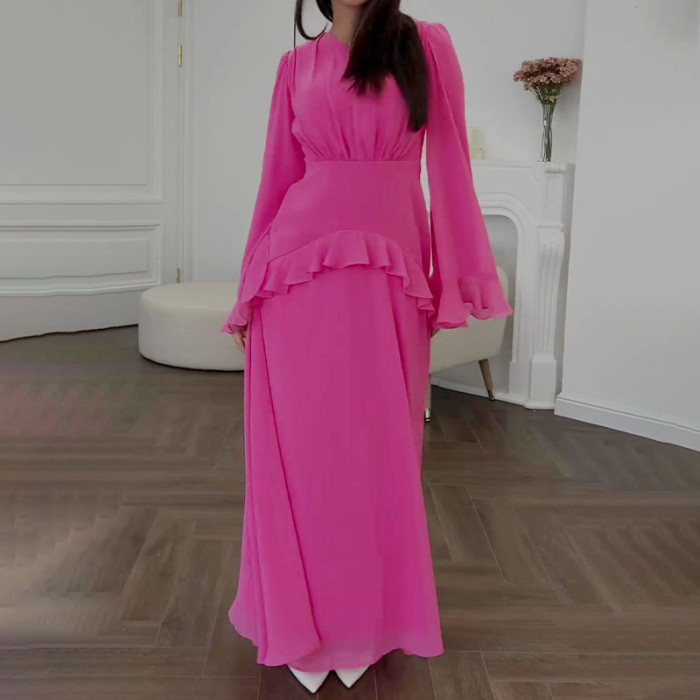 Fashion Round Neck Trumpet Sleeve High Waist Party Slim Lotus Leaf Hem Dress