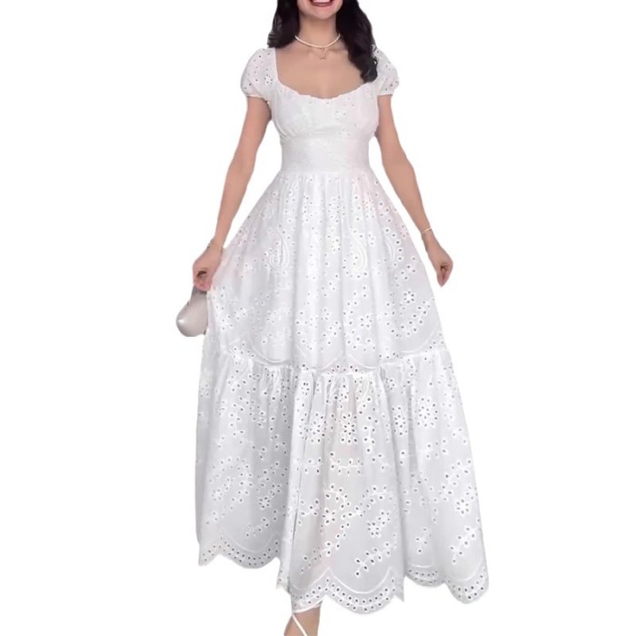 Fashion French Square Neck Hollow Solid Color Temperament Puff Sleeve High Waist Dress
