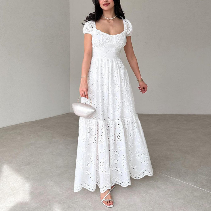 Fashion French Square Neck Hollow Solid Color Temperament Puff Sleeve High Waist Dress