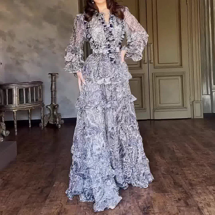  Plus V Cut Back Lantern Sleeve Dress main image 0