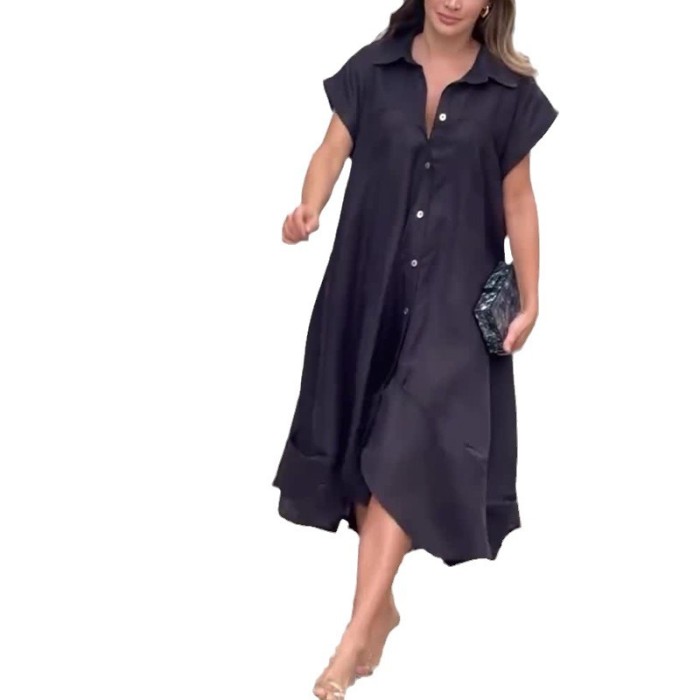 Elegant Fashion Solid Color Lapel Short Sleeve Casual Loose Shirt Dress