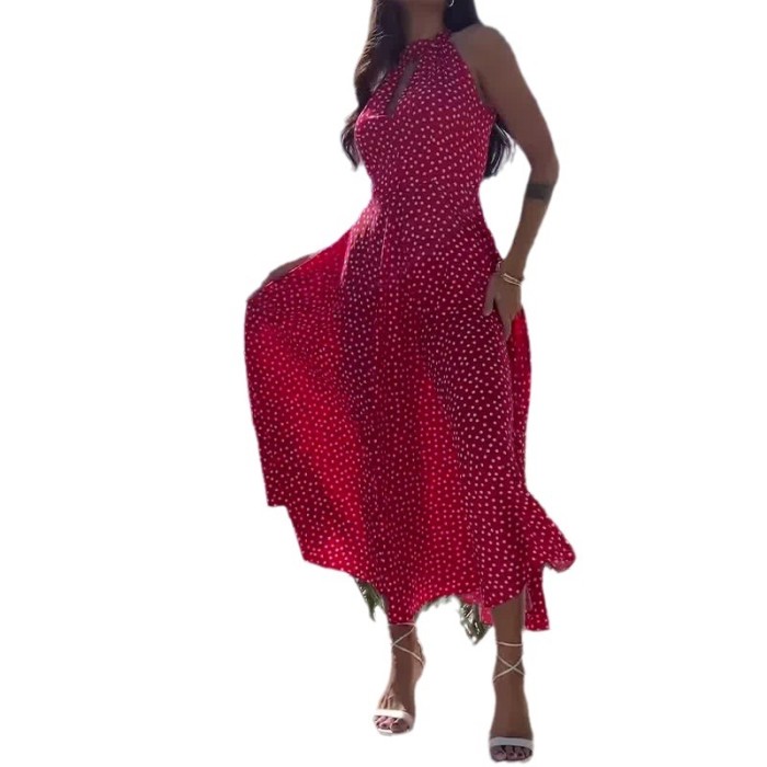 Fashion Halter Neck Hollow Sexy Polka Dot Party Slit Long Dress