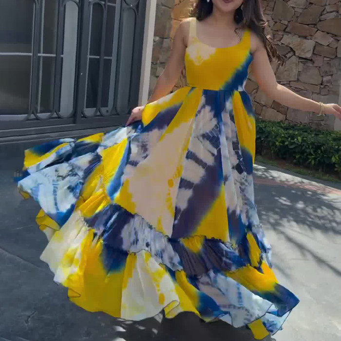 Fashion Party Square Neck Sleeveless Floral Elegant High Waist Dress