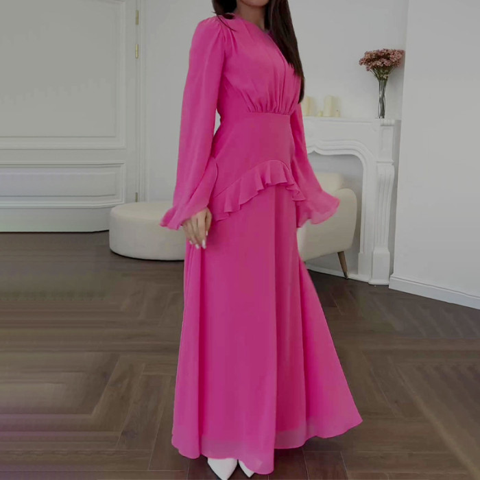 Fashion Round Neck Trumpet Sleeve High Waist Party Slim Lotus Leaf Hem Dress