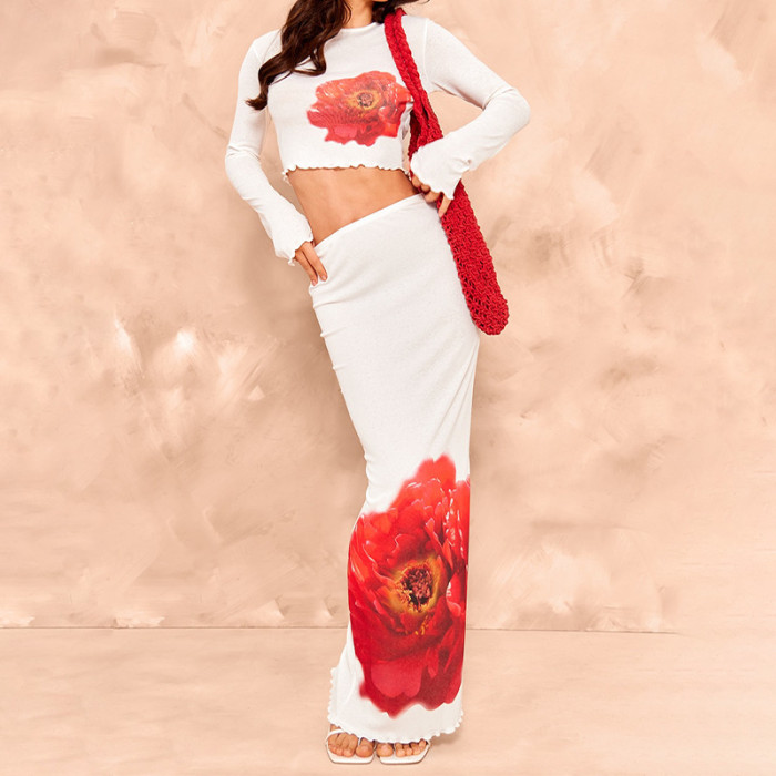 Fashion Round Neck Long Sleeve Printed Short Top High Waist Hip Skirt Two-piece Set
