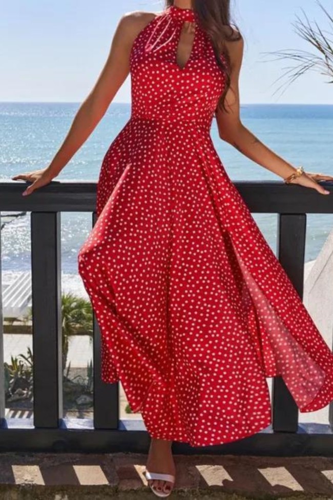 Fashion Halter Neck Hollow Sexy Polka Dot Party Slit Long Dress
