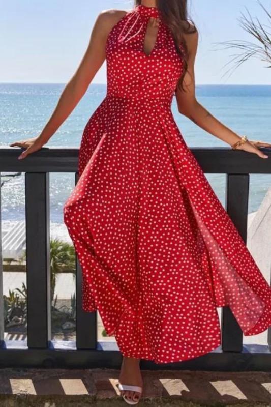 Fashion Halter Neck Hollow Sexy Polka Dot Party Slit Long Dress