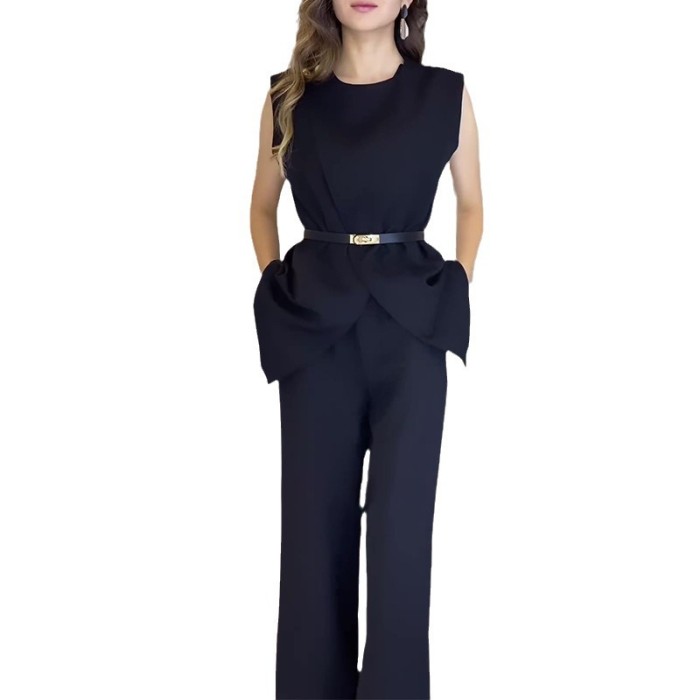 Women's Tops Solid Color Round Neck Sleeveless Belt Pocket Straight Leg Wide Leg Pants Set