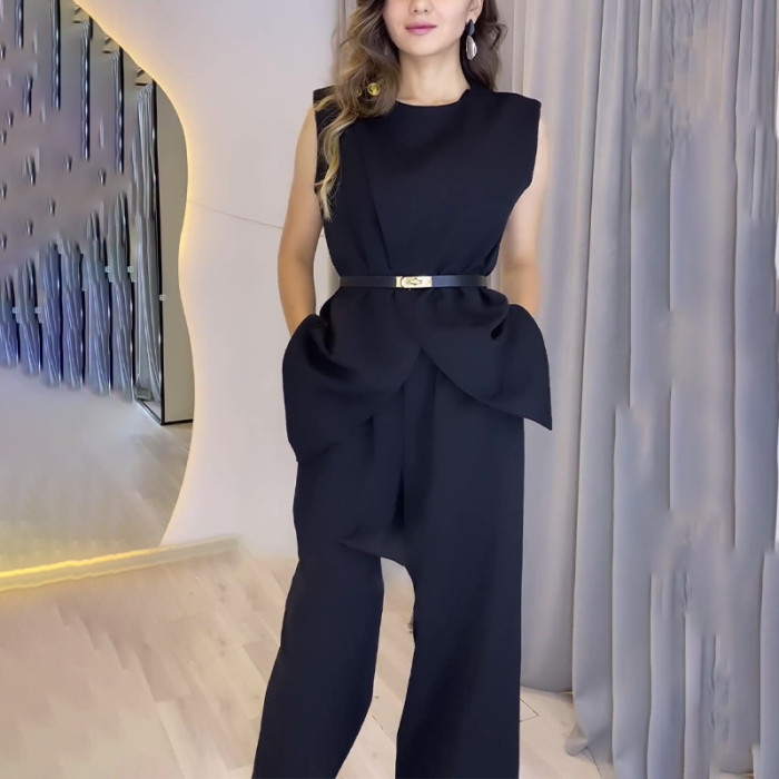 Women's Tops Solid Color Round Neck Sleeveless Belt Pocket Straight Leg Wide Leg Pants Set