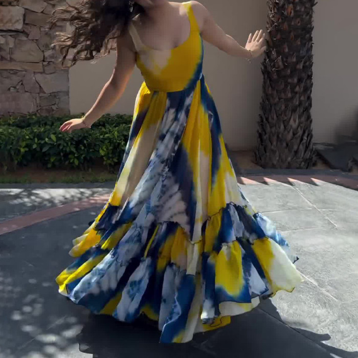 Fashion Party Square Neck Sleeveless Floral Elegant High Waist Dress