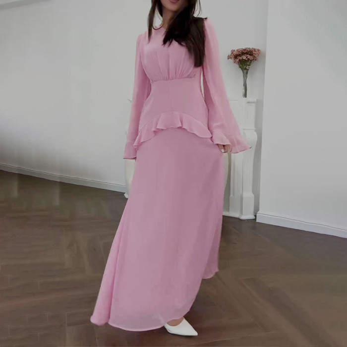 Fashion Round Neck Trumpet Sleeve High Waist Party Slim Lotus Leaf Hem Dress