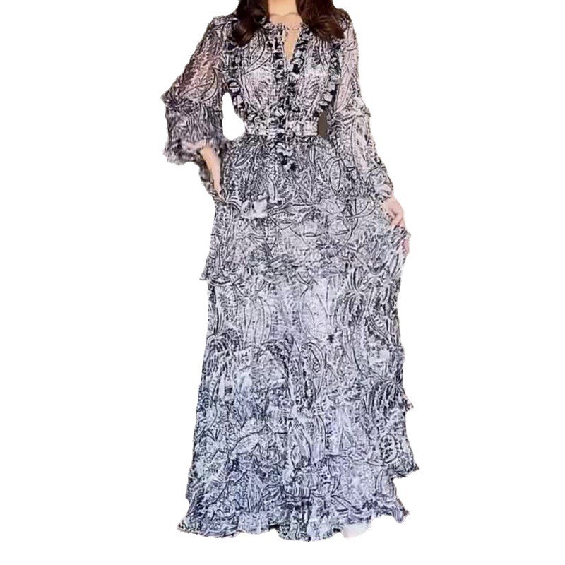 Elegant Dress With Printed Buttons And Lantern Sleeves