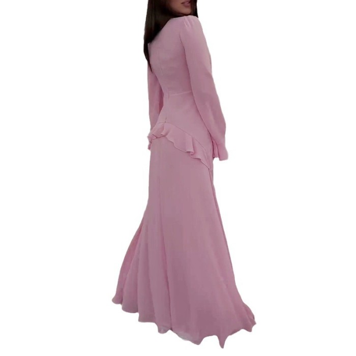 Fashion Round Neck Trumpet Sleeve High Waist Party Slim Lotus Leaf Hem Dress