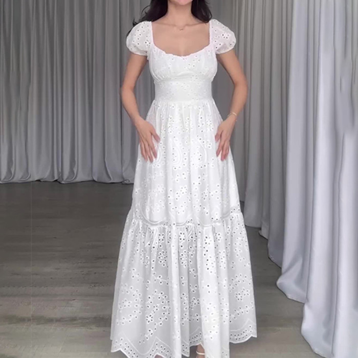 Fashion French Square Neck Hollow Solid Color Temperament Puff Sleeve High Waist Dress