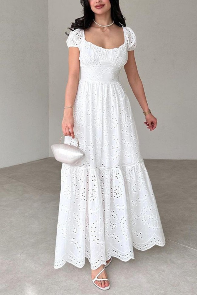 Fashion French Square Neck Hollow Solid Color Temperament Puff Sleeve High Waist Dress