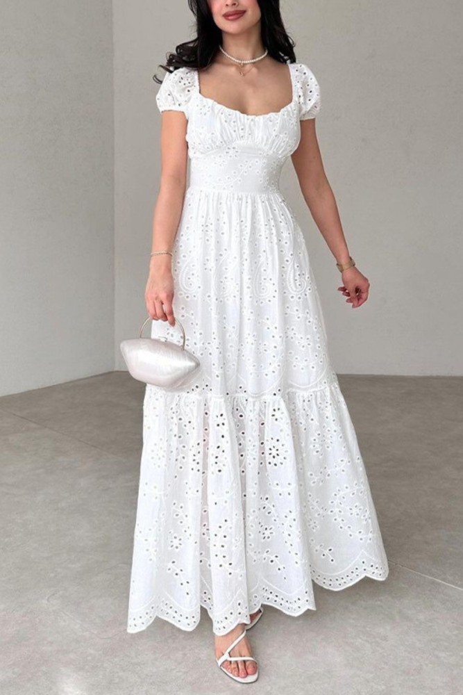 Fashion French Square Neck Hollow Solid Color Temperament Puff Sleeve High Waist Dress
