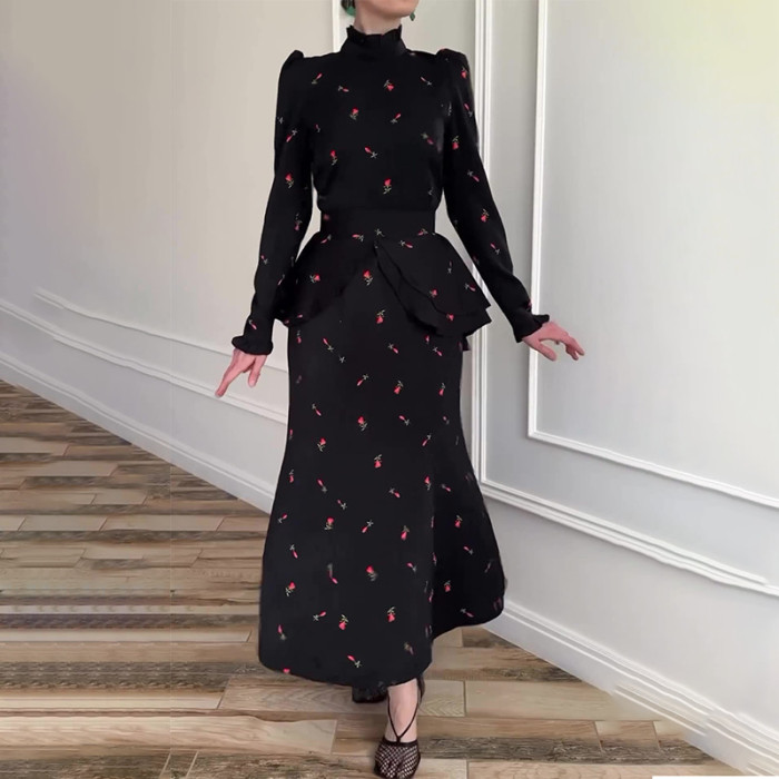 Fashion Printed Round Neck Suit Skirt Temperament Elegant High Waist Party  Maxi Dresses