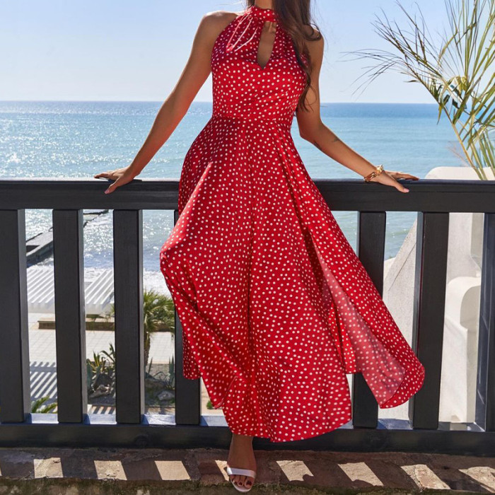 Fashion Halter Neck Hollow Sexy Polka Dot Party Slit Long Dress