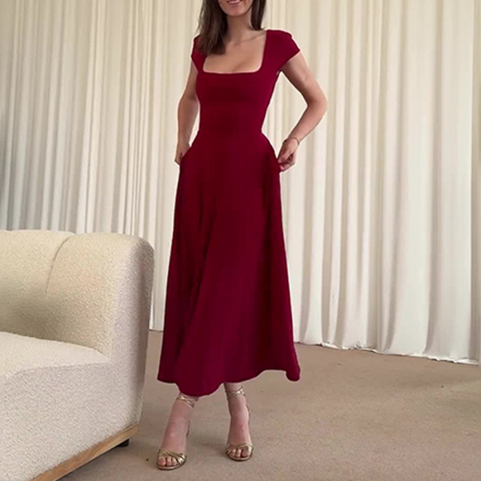 Fashion French Square Neck Temperament High Waist Lace-up Party Solid Color Dress