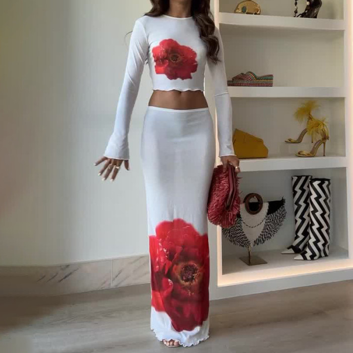 Fashion Round Neck Long Sleeve Printed Short Top High Waist Hip Skirt Two-piece Set