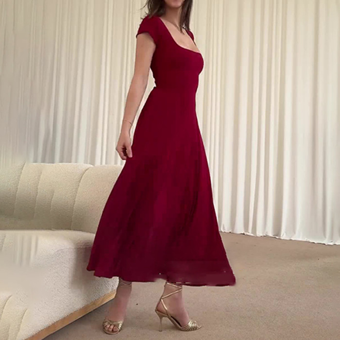 Fashion French Square Neck Temperament High Waist Lace-up Party Solid Color Dress