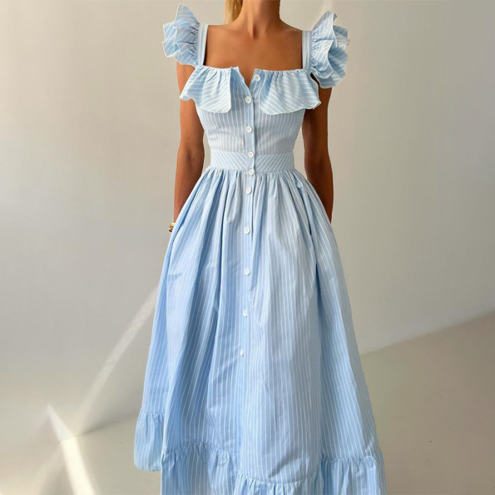 Square Neck Flutter Sleeve Striped Dress main image 0