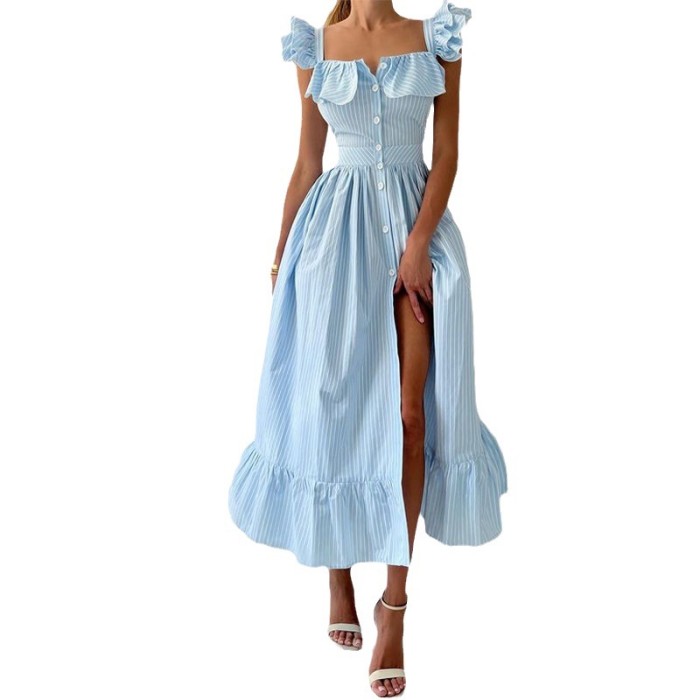 Fashion Summer French Square Neck Flying Sleeves Single Breasted Striped Party Elegant Maxi Dress