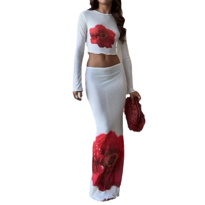 Fashion Round Neck Long Sleeve Printed Short Top High Waist Hip Skirt Two-piece Set
