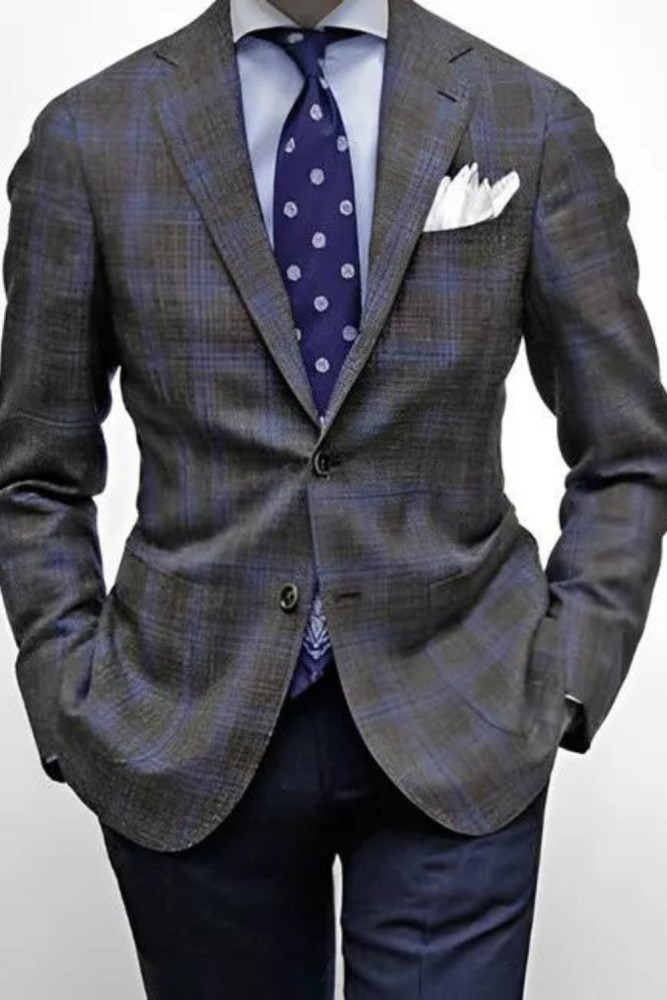 Plus Size Men's Casual Light Business Style Fashion Blazer With Lapel Collar And Contrasting Plaid Design