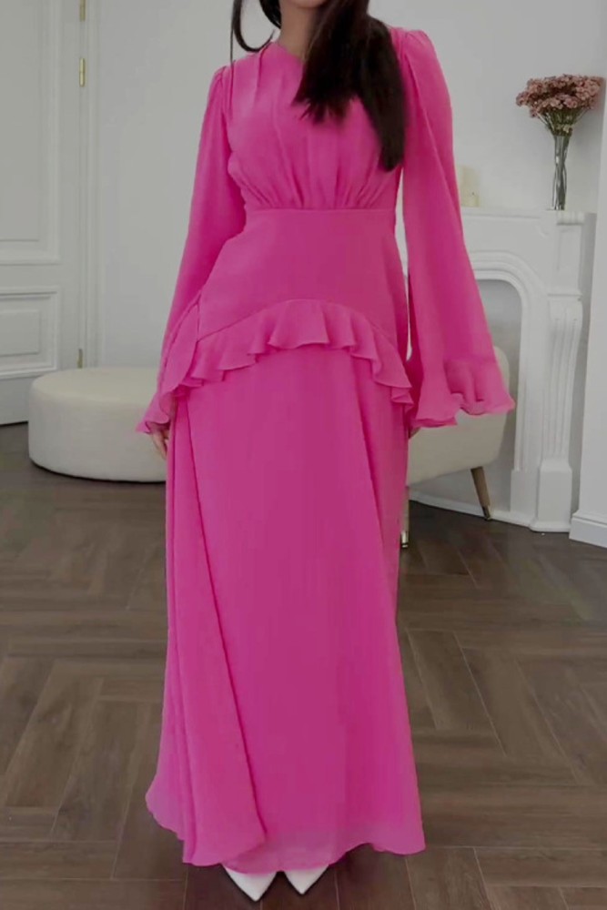 Fashion Round Neck Trumpet Sleeve High Waist Party Slim Lotus Leaf Hem Dress