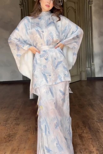 Fashion Half Turtleneck Printed Bat Sleeve Waist High Waist Floral Skirt Two-piece Set