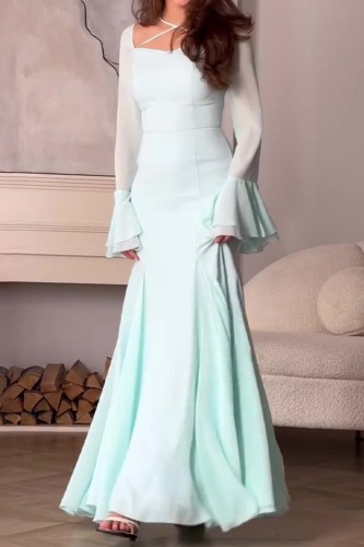 Fashion Retro Square Neck Trumpet Sleeve High Waist Slim Fit Temperament Dress