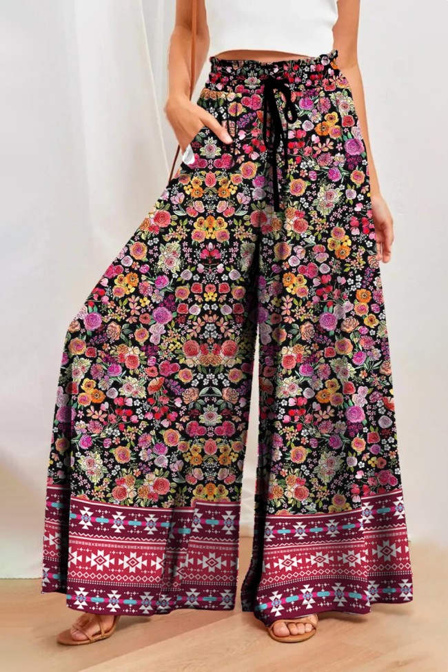 Fashion Women's Casual Printed Holiday Bohemian Wide Leg Pants