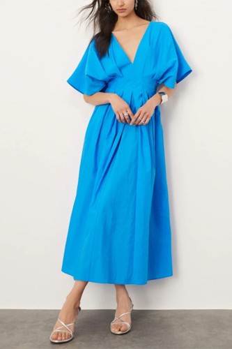 Women's Fashion V-neck Puff Sleeve High Waist Slim Fit Temperament Umbrella Dress