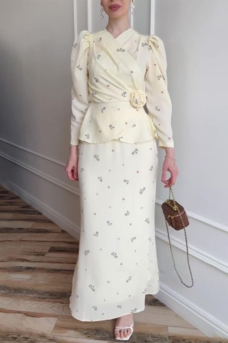 Fashion V-neck Cross Velvet Flower Lace-up Temperament Suit Dress Long Sleeve Lotus Leaf Skirt
