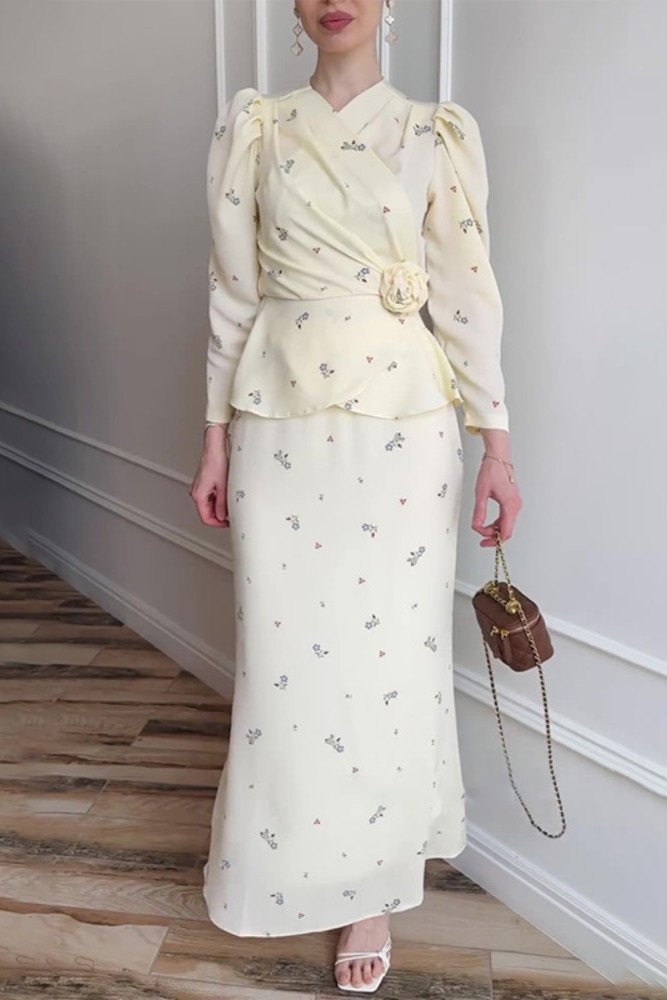 Fashion V-neck Cross Velvet Flower Lace-up Temperament Suit Dress Long Sleeve Lotus Leaf Skirt