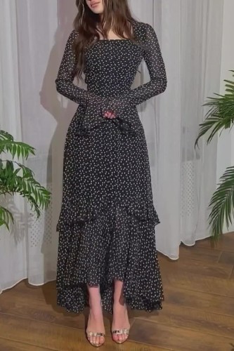 Fashion French Square Neck Polka Dot Elegant High Waist Tie Party Lotus Leaf  Maxi Dresses