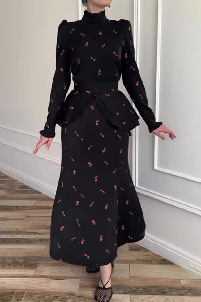 Fashion Printed Round Neck Suit Skirt Temperament Elegant High Waist Party  Maxi Dresses