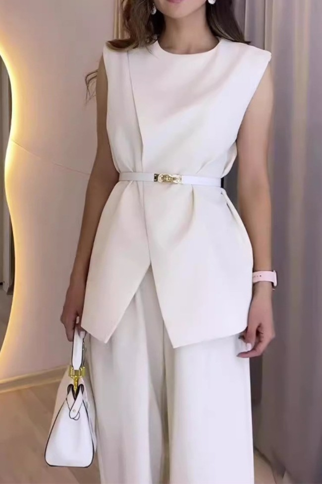Women's Tops Solid Color Round Neck Sleeveless Belt Pocket Straight Leg Wide Leg Pants Set